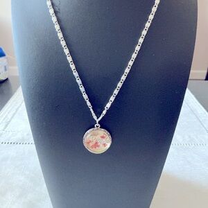 Floral and Pink Round Silver Tone Necklace